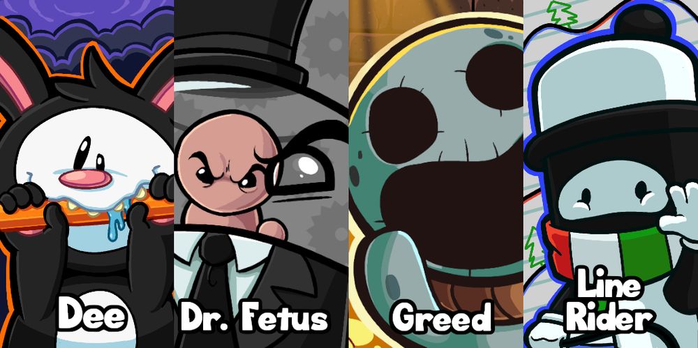 Castle Crashers character select icons for Dee, Dr. Fetus (from Meat Boy), Greed (from Isaac), and Line Rider. #ploksart