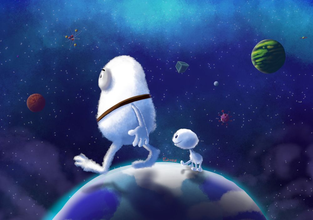 Bing and Bong from Tiny Planets walking over a planet in space