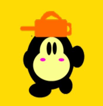 A low res ms-paint image of a black Waddle Dee balancing an orange tea kettle on his head. #ploksart 