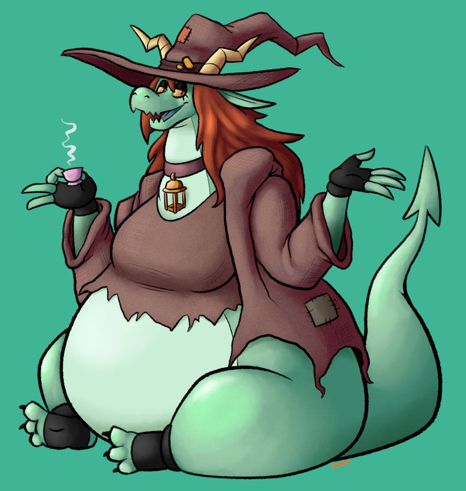 A large, pear-shaped dragon lady with tattered reddish-brown witch robes. She has brown hair, orange eyes, and turquoise skin. Along with her witch cloak, she has a frumpled witch hat, black gloves, black spats, and a necklace with a lantern on it. She's holding a tiny pink cup of tea and looks like she's having a friendly chat. #ploksart