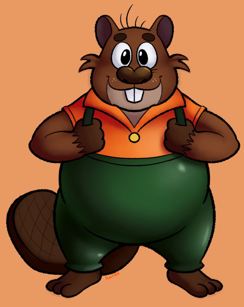 A round beaver wearing green waders and an orange shirt. He's gripping the straps of the wader as he smiles at the viewer. #ploksart