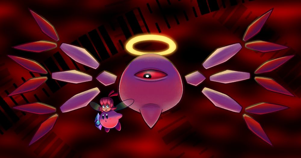 Zero Two from Kirby 64 in a red cloudy sky. Kirby and Ribbon are nervously flying away from him.