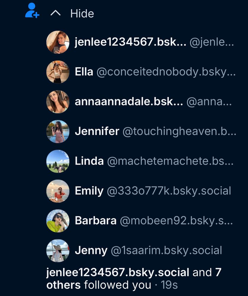 Screenshot from my notifications showing 8 new followers all obvious fake accounts with generic, AI created female avatars.