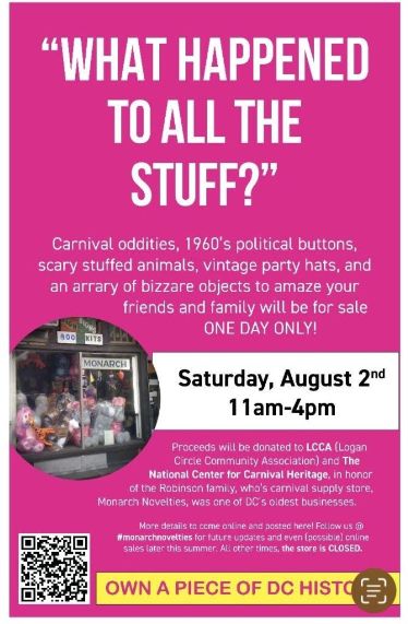 Flyer for a one-day sale event titled “What Happened to All the Stuff?” happening on Saturday, August 2nd from 11am–4pm. Items for sale include carnival oddities, political buttons, stuffed animals, and vintage party items. Proceeds will benefit LCCA and the National Center for Carnival Heritage. Event honors the Robinson family and their former store, Monarch Novelties.