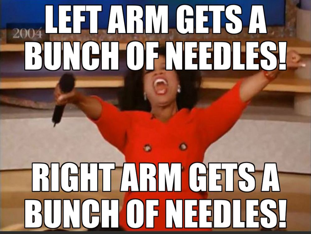 The Oprah Winfrey “you get a car” meme except she is shouting “Left arm gets a bunch of needles! Right arm gets a bunch of needles!”