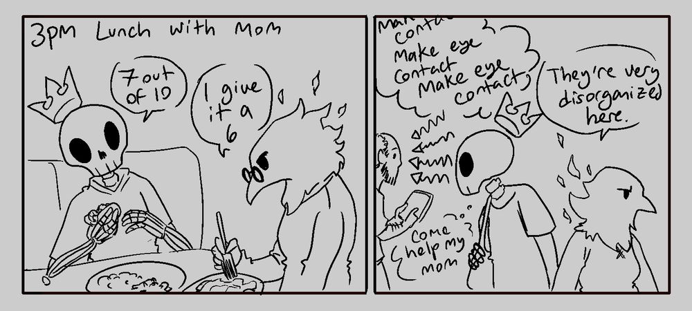 Studio eats with their mom and gives the meal a 7 out of 10. Mom gives it a 6. In the apple store Studio tries to make eyecontact with the staff and looks for someone to assist their mom.