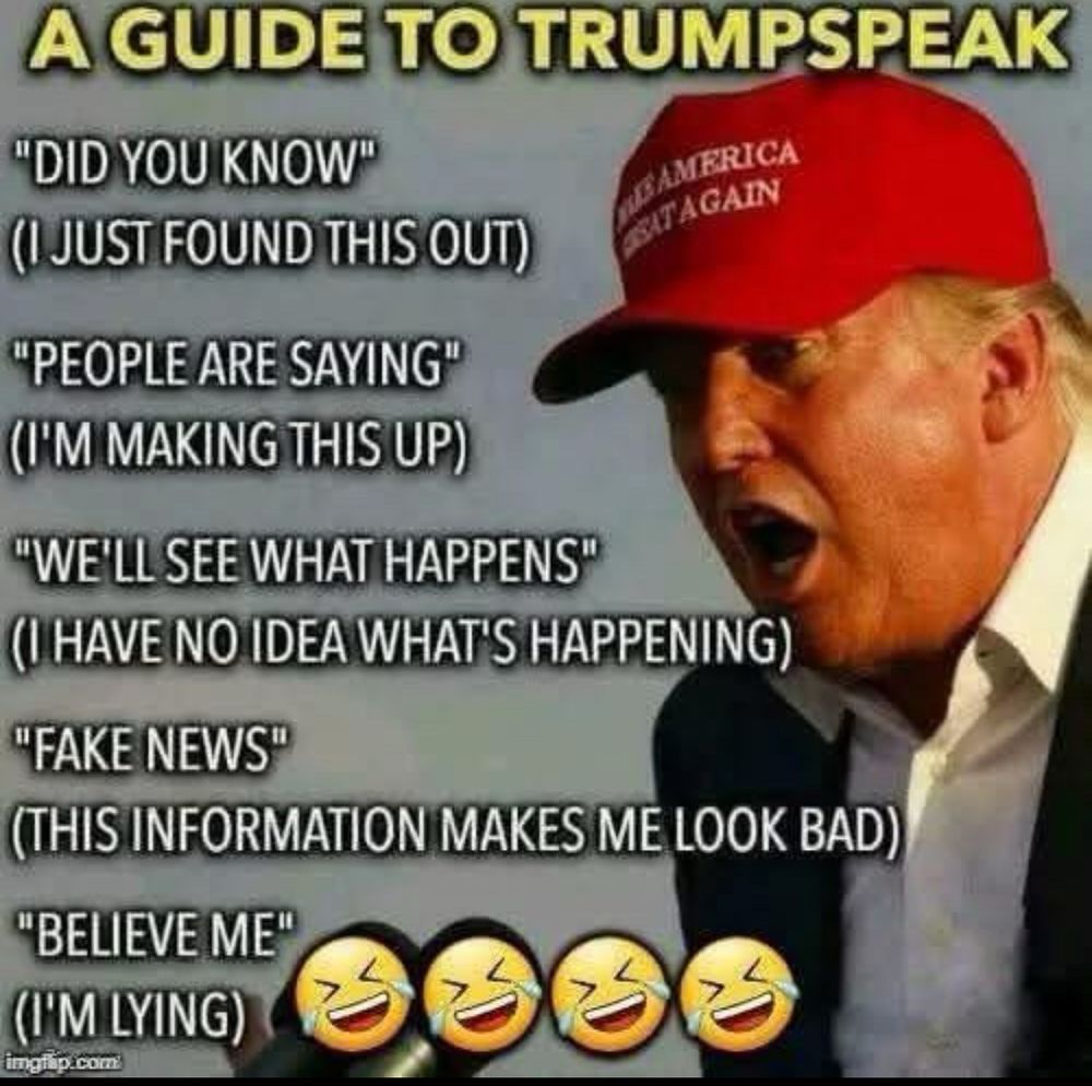 A picture defining what Trump means when he says most common phrases. For example: “Fake news” = this information makes me look bad. 