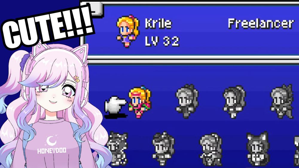 Honeydoo looking at Krile's job list in FFV, saying "CUTE!!!"