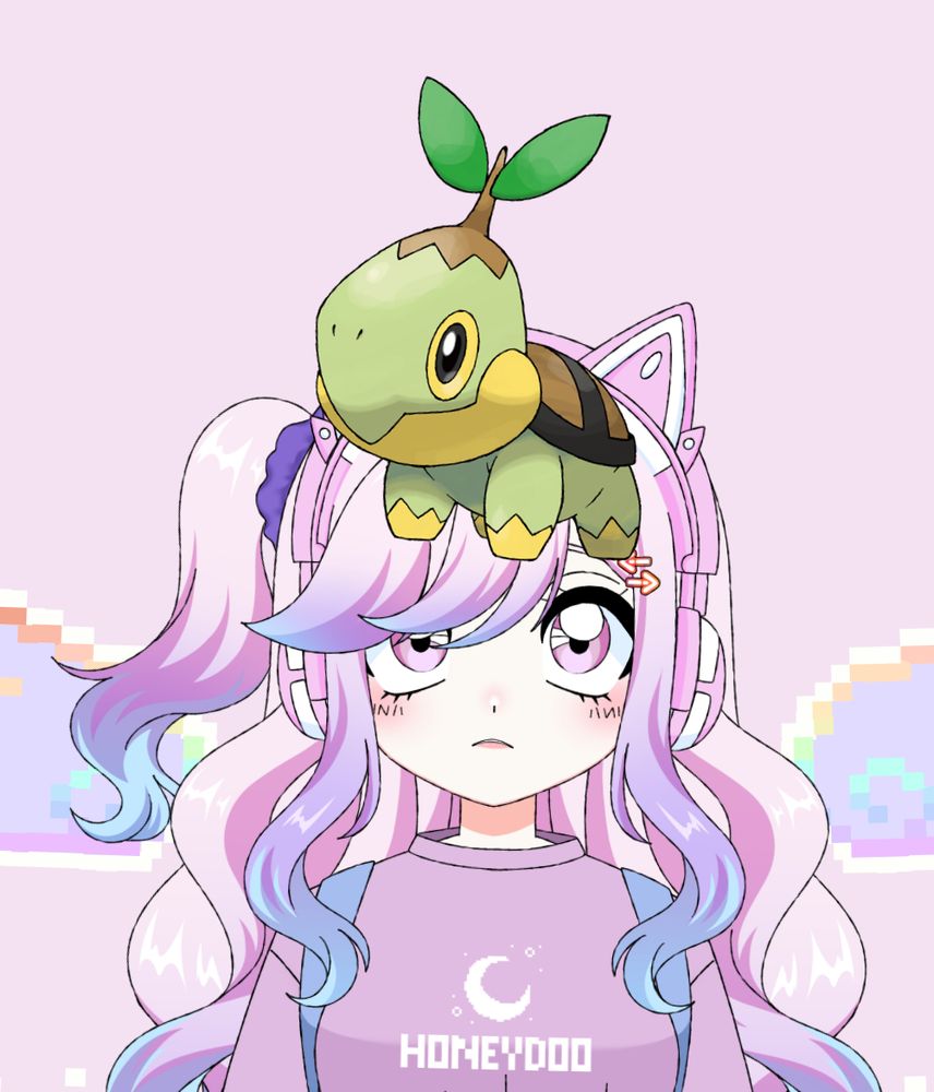 Honeydoo appearing very concerned while looking up at Ton-chan the Turtwig on her head. He seems comfortable.