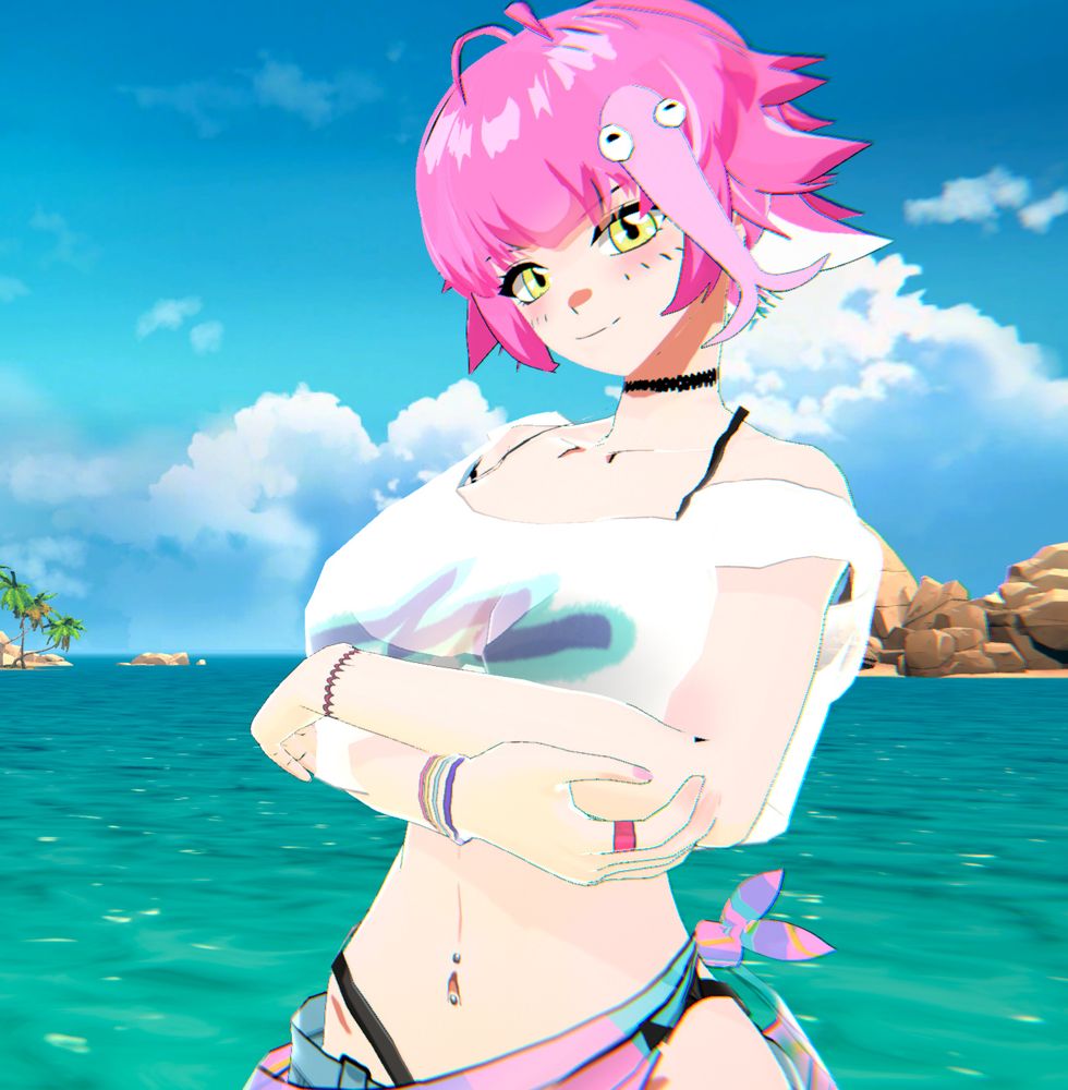 Honeydoo's new design with her face revealed. She has striking yellow eyes and a flesh-toothy grin. Her bright pink and white hair (and weird pink fish thing) are rustling in the wind. She has her arms crossed and you can slightly see her black bikini through her sheer white tank top. Her tummy is toned and has a silver belly button piercing.