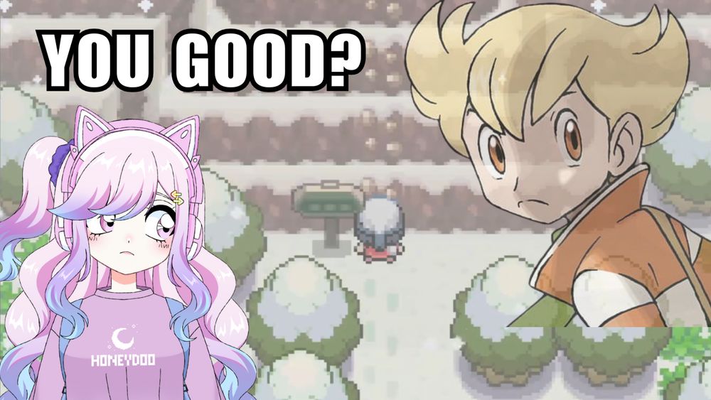 A screenshot of Pokemon Platinum in a snowy area, next to a climbable cliff. Honeydoo looks with concern at a transparent, ethereal Barry and says "You good?"