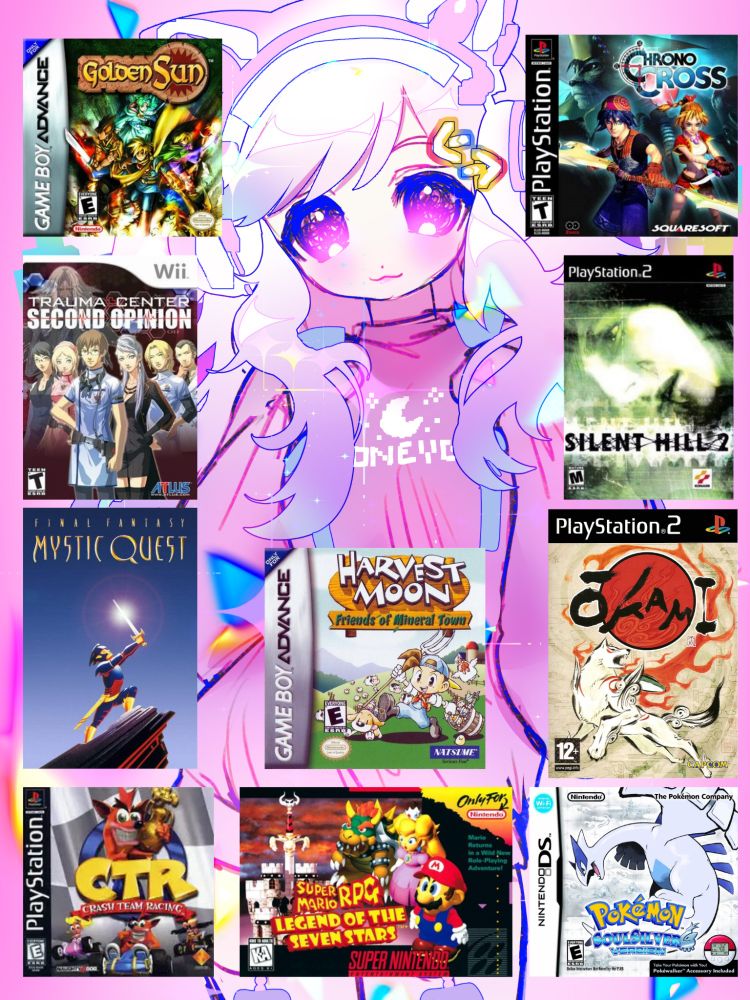 Honeydoo surrounded by box art for various games: Golden Sun, Trauma Center: Second Opinion, Final Fantasy Mystic Quest, Crash Team Racing, Chrono Cross, Silent Hill 2, Okami, Harvest Moon Friends of Mineral Town, Super Mario RPG Legend of the Seven Stars, Pokemon Soul Silver