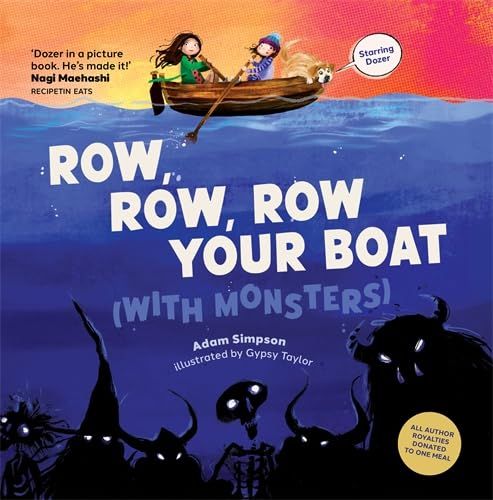 cover of the children's book Row, Row, Row Your Boat (with monsters). Two children and a dog are in a boat and below the boat in the water are silhouettes of monsters.