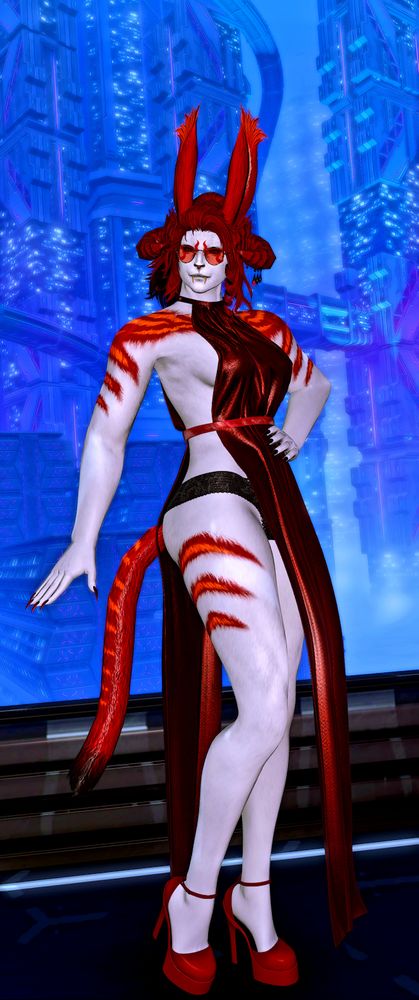 A viera-hrothgal in a very slitted red dress and heels stands in front of a Solution 9 cityscape.