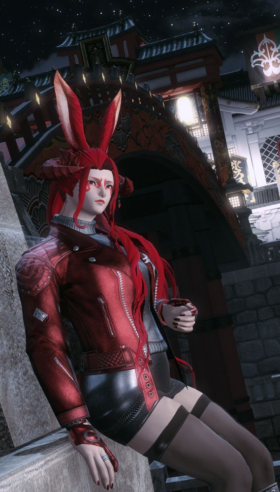 A red viera sits in the shadow of a Kugane bridge at night, looking pensive. Track: Bad Omens - Impose