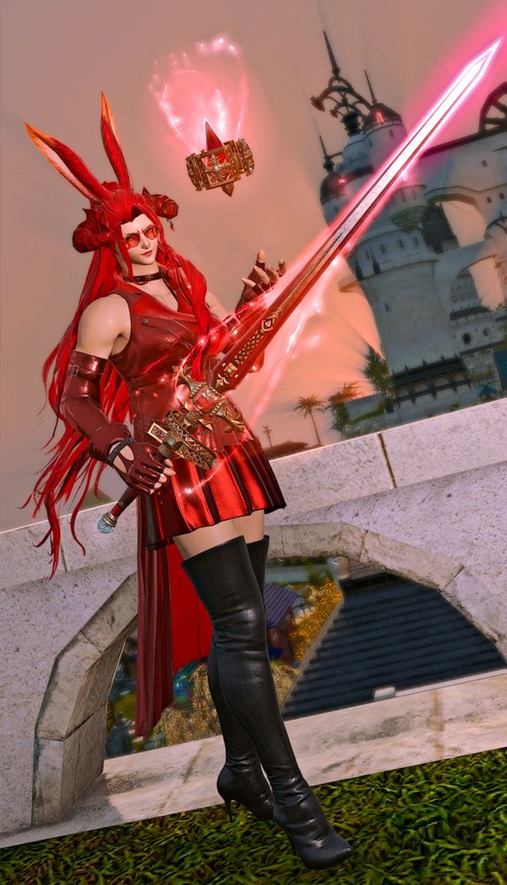 A red viera holding a shiny new-and-improved Phantom Umbrae Rapier relic.
