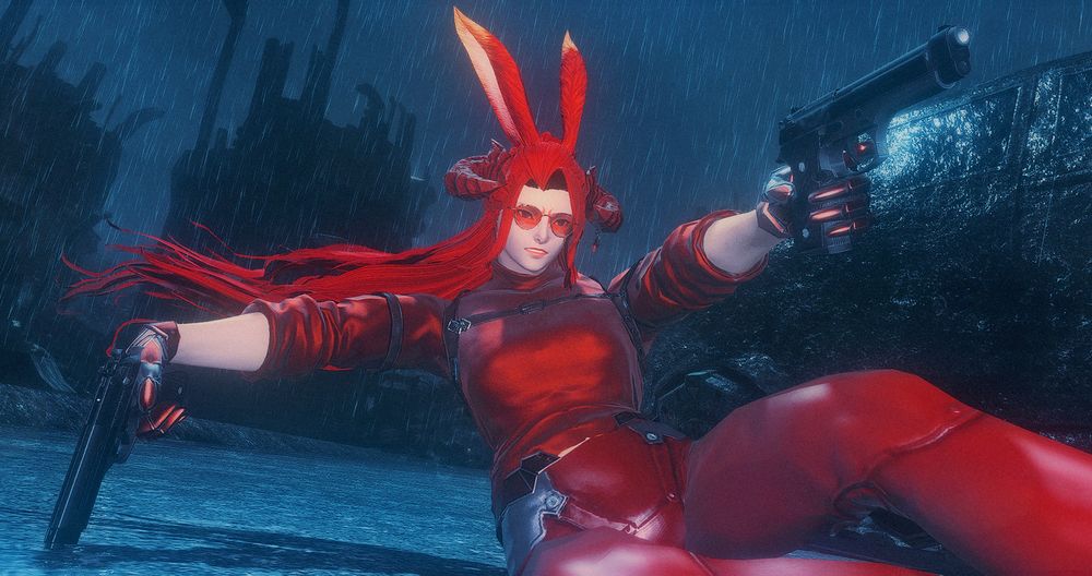 A red viera with a fierce expression slides on a ruined, rainy Garlemald street, holding two black pistols and brandishing one at an off-camera target. Track: Bad Omens - Dethrone