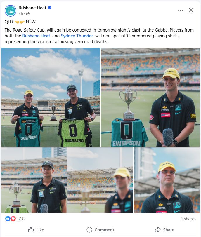 Screenshot of FB post by Brisbane Heat concerning their match with the Sydney Thunder tomorrow night.

"The Road Safety Cup"...