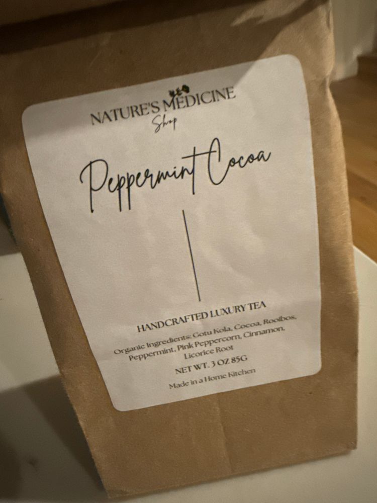 Bag of peppermint cocoa tea from Nurtures Medicine, a Northern California small business 