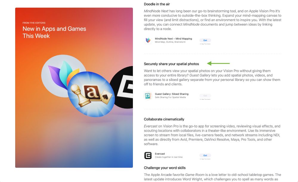 VisionOS App Store editorial "New in Apps and Games This Week" with "Guest Gallery" app highlighted with an arrow.
