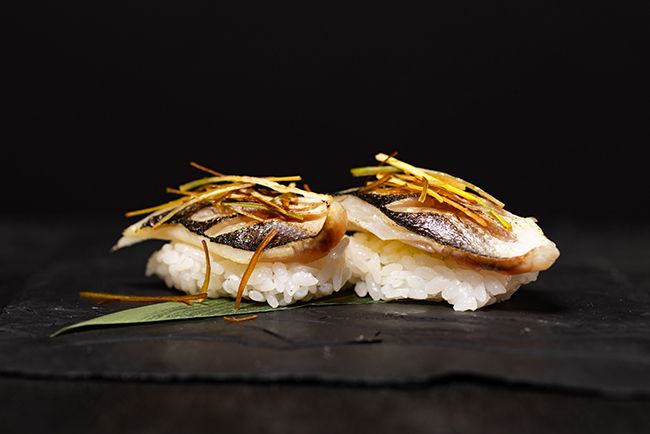 Two pieces of nigiri from BloFish Sushi in Boulder, CO