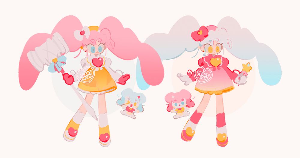 two magical girls and their fairy mascots! the left figure wields a large, white hammer while the right touts a star-tipped wand that resembles a child's toy. at the center of each girl's pinafore resides a jelly-like heart that indicates their core.
