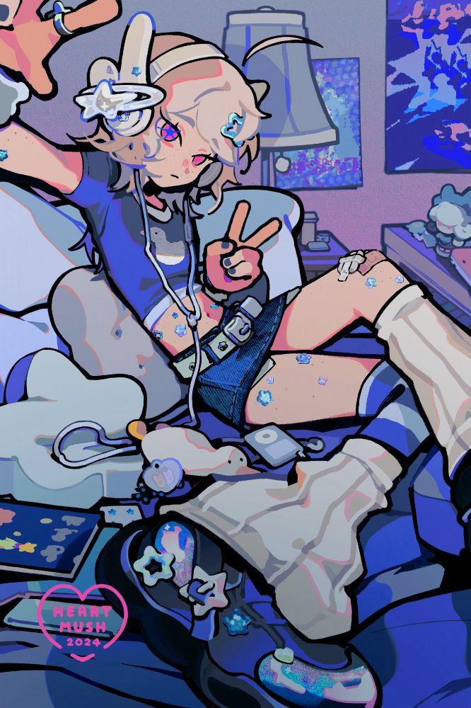Odile, [HE/HIM, THEY/THEM]

Illustration of a character (Odile) wearing y2k inspired clothing, including a pair of angel wing headphones.. His room is vastly blue and decorated with star motifs. He's sitting on his bed with his shoes on (very unsanitary), and holding a peace sign out to the viewer.