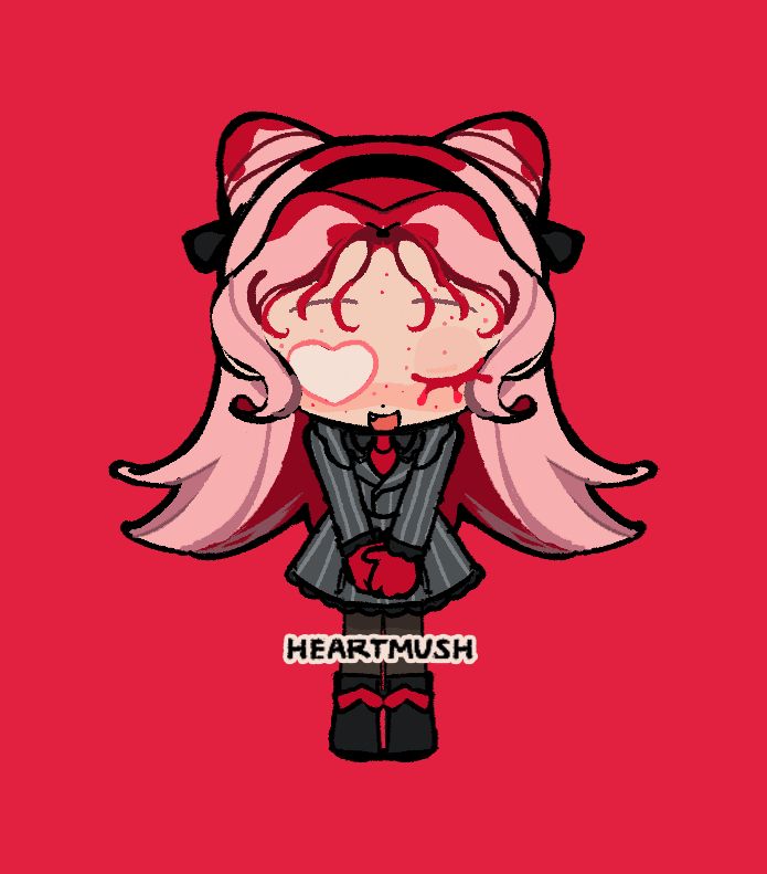 a little chibi bowing its head as though welcoming someone home. its hair is light pink with a red accents on the very top, extending down to its bangs. it has two strawberry shaped buns on the top of its head, and a dark colored headband. it is wearing red gloves and a pinstripe suit modified to look more like a maid's uniform, along with a red tie and black boots. a pale cream eyepatch in the shape of a heart sits on its right (our left) eye. its eyelashes are hot pink.