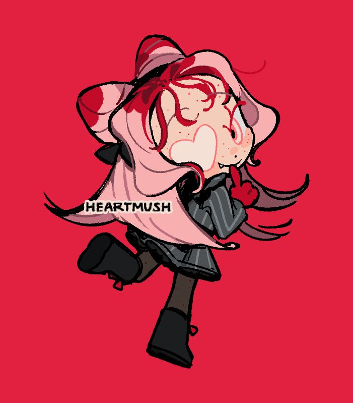 a little chibi holding a finger to its mouth like it's telling a secret. its eyes are cream colored, and its hair is light pink with a red accents on the very top, extending down to its bangs. it has two strawberry shaped buns on the top of its head. it is wearing red gloves and a pinstripe suit modified to look more like a maid's uniform, along with black boots. a pale cream eyepatch in the shape of a heart sits on its right (our left) eye. it looks at the viewer with a fanged smile.