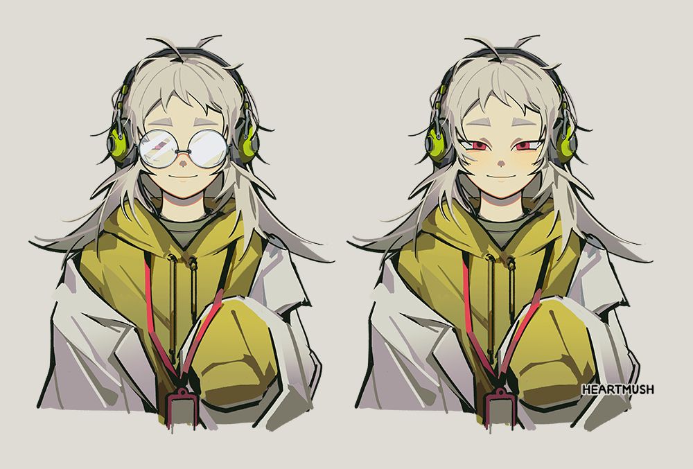 A bust up of my character, Juniper (he/him, she/her)
She is wearing retro headphones and thick circular glasses that obscure most of her face. She's dressed in a t-shirt, a yellow-green sweatshirt, and an oversized labcoat.

He has pale white hair and pinkish eyes.
The right image depicts Juniper without his glasses on.