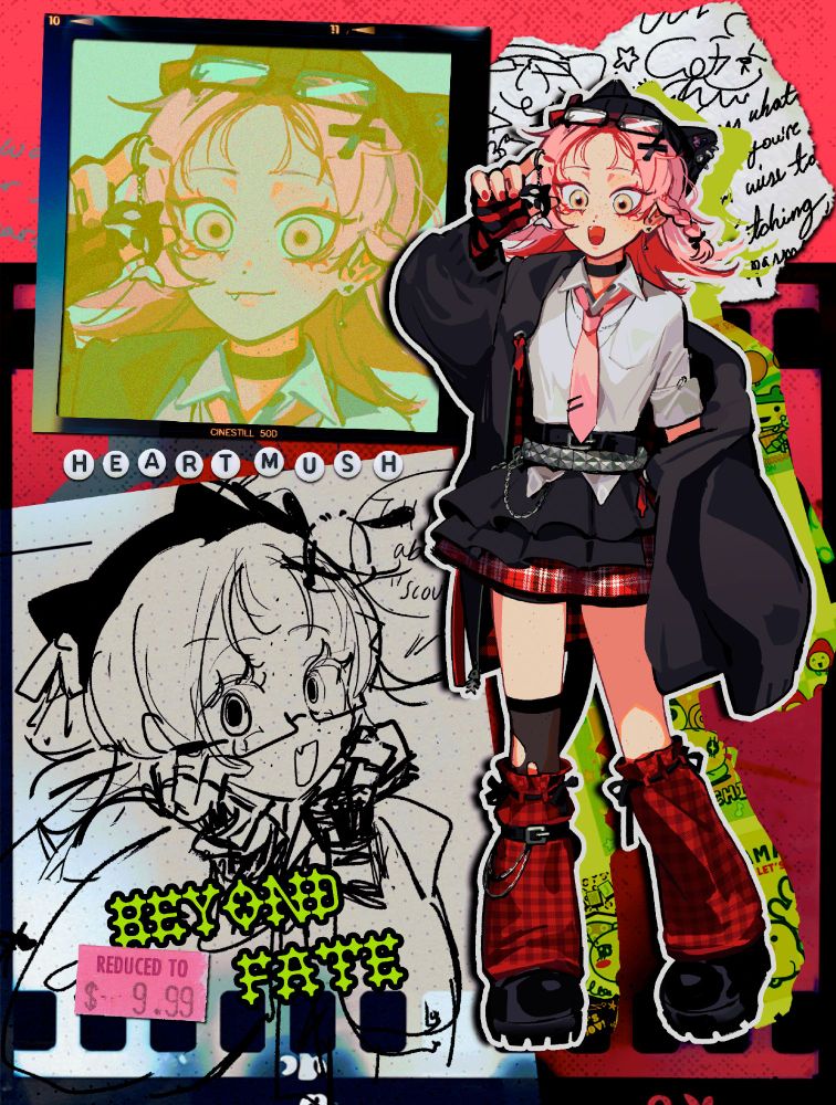 Text reads, "BEYOND FATE"

A collage-like graphic featuring a pink-haired girl in an early 2010's alternative style outfit. She is wearing a white shirt with a pink tie, an asymmetrical black skirt with a plaid layer underneath decorated by various belts and chains, plaid leg warmers, black platforms, an oversized black hoodie, and red and black striped arm warmers. A pair of glasses and an X shaped hair accessory are on her head, along with a cat-eared beanie.