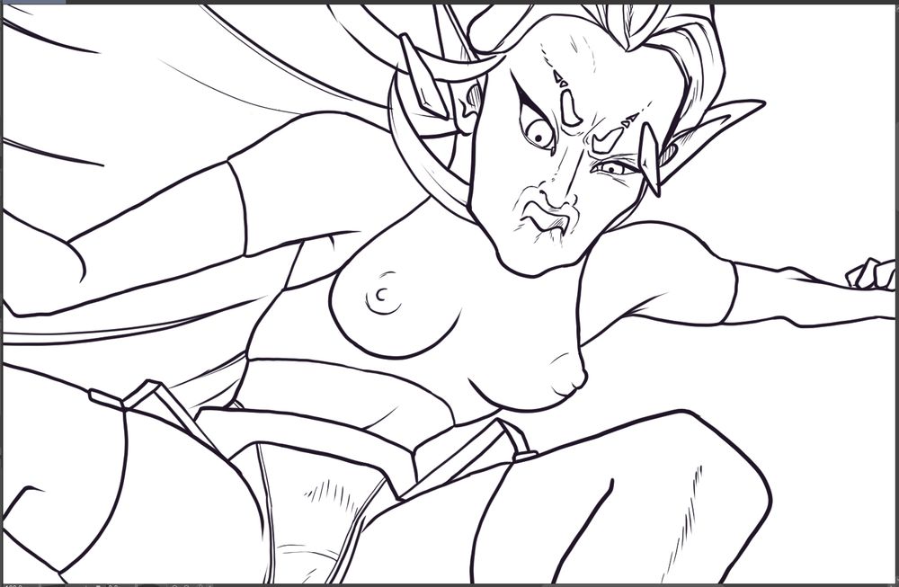 Lineart of Autumn the shadow elf arcanist making a face and a pose while her hair swings past