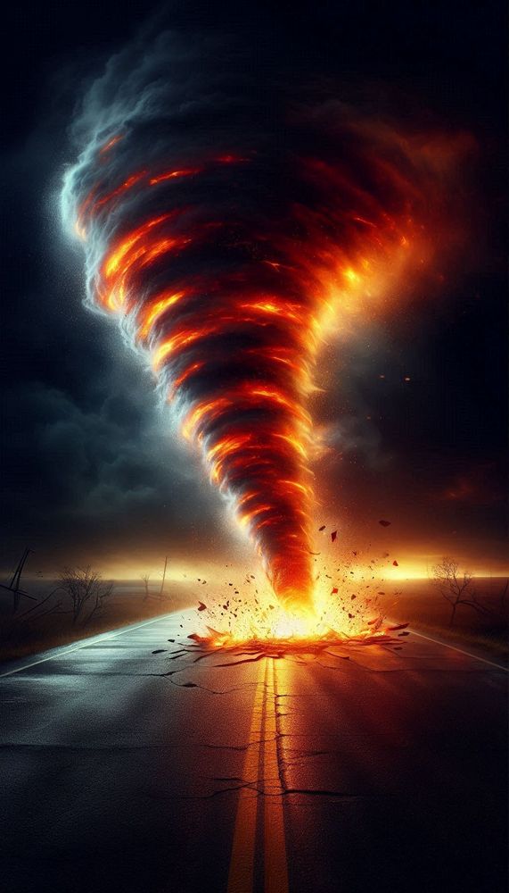 A fire tornado tearing up a road