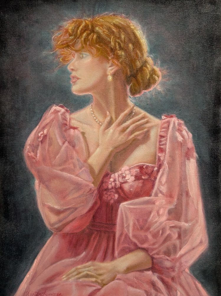 Oil painting of a red-haired woman in a pink gown with puffed sleeves