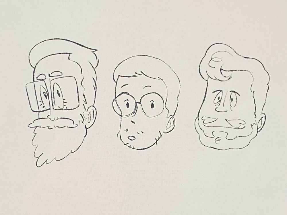 Character design tests of of Travis (big dog woof woof), Griffin, and Justin McElroy. Don’t ask why they aren’t in order I just noticed now as I was writing out this caption.