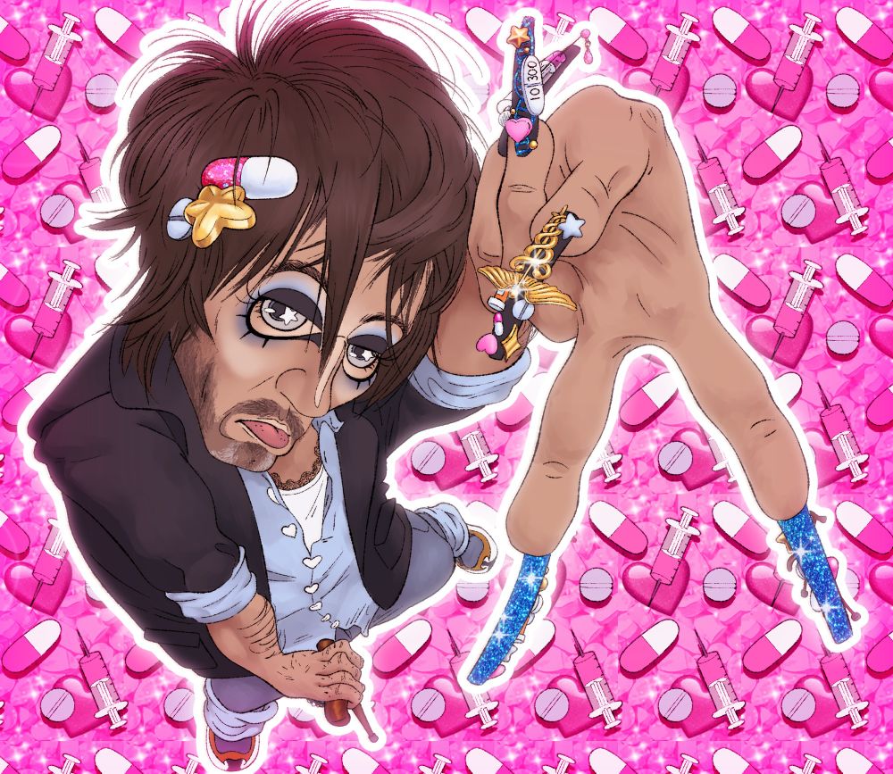 Digital drawing of a gyaru House MD on pink patterned background of hearts, pills, and syringes. Birds Eye view angle with hand posed towards camera to show off medically themed nails featuring blue glitter undersides, a caduceus, miniature pill bottles, hearts, stars, non-descript pill charms, and a spare Vicodin as a treat. I did this piece for college. This is being graded.