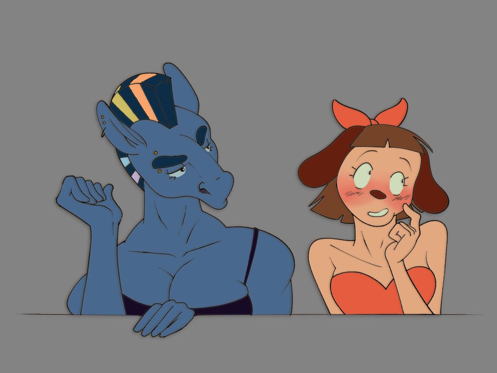 Two furry lesbians sat next to each other (a buff blue-grey zebra with rainbow striped mane and a skinny orange/coral dog). The dog is super flustered and bad at flirting. The zebra is bad at showing emotion so most people find her intimidating, but don’t get it twisted she thinks the dog girl is super cute and they’re definitely gonna go on a date after this.