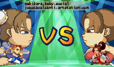 Mai vs Chun-li se encarando como o desenho do Shinkiro da época de capcom vs snk, mas no estilo gem fighter mini mix na tela de versus do jogo