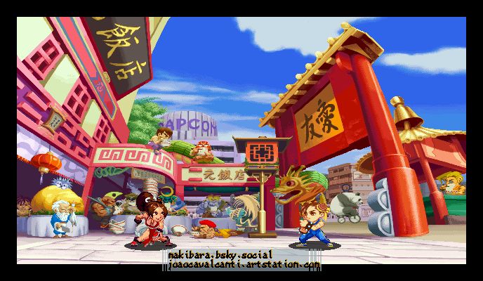 Mai shiranui from fatal fury and chun-li from street fighter in super gem fighter minimix style facing each other in one of the game stages