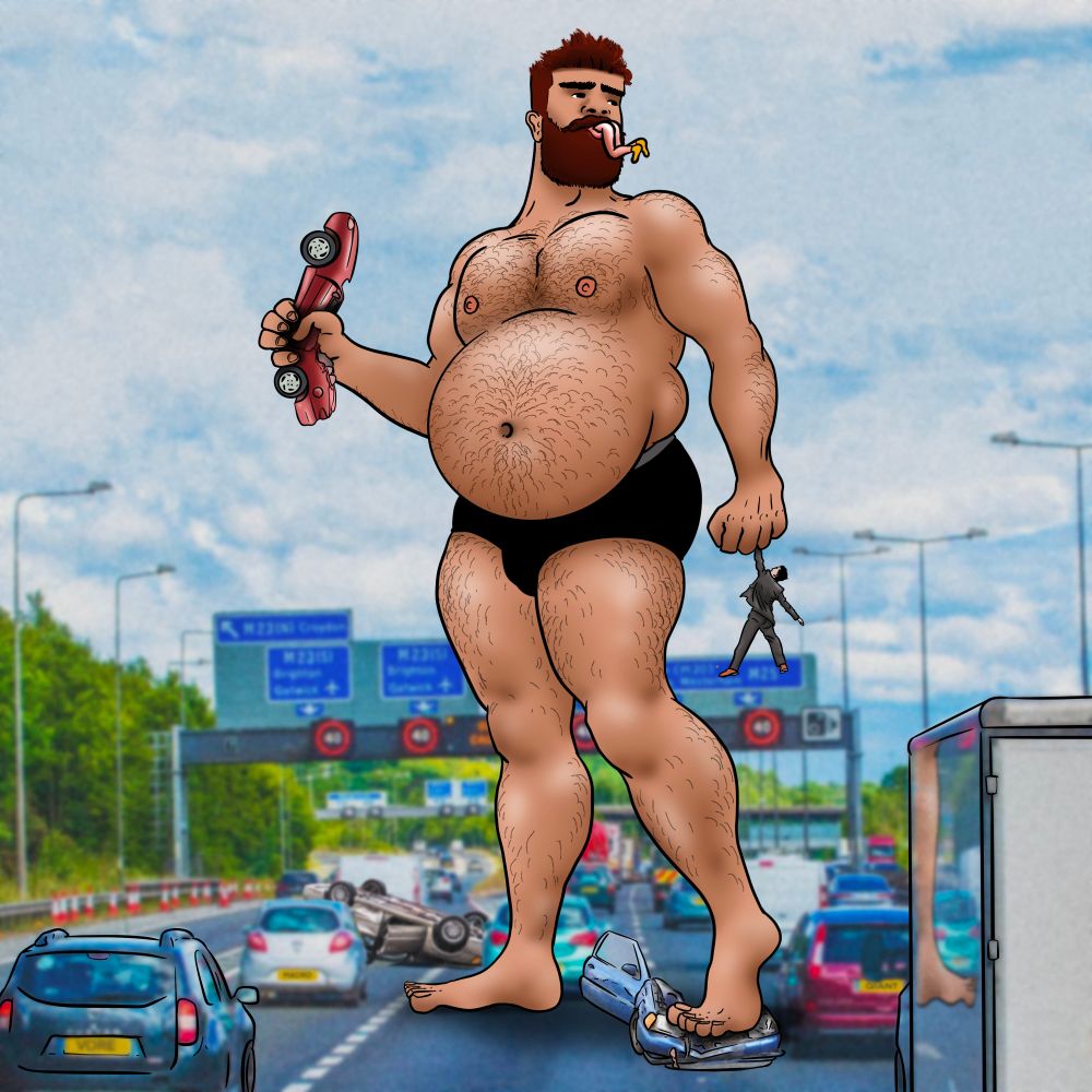 Giant hairy man stomps on cars and slurps up a guy - the man's arse sticks out of the giant's mouth. Another guy hangs from the giant's fist. Macro vore scenario. 