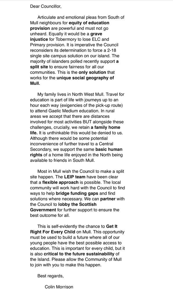 Letter to Argyll and Bute Councillors about the Mull Campus