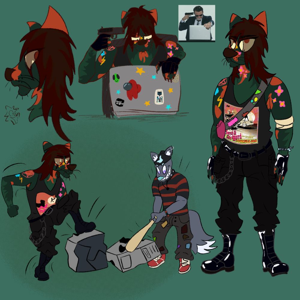 there are several drawings in the image. one is a full body reference of an anthro wolf wearing a sarah and the safe word tank top, baggy cargo pants, and shiny leather boots and gloves. he has a dyed spiky middle part that falls over his eyes. his body is covered in miscellaneous stickers 

the next is a redraw of a stock hacker image. the wolf is holding a gun to his head, staring at a laptop in frustration. the laptop is covered in miscellaneous stickers. 

the next is a simple headshot showing the side of the wolf’s head. 

the last shows the wolf stomping a monitor to death, next to another anthro wolf, who is bashing a computer with a baseball bat. the new wolf is wearing a backwards cap, striped tee, and patchy pants. 