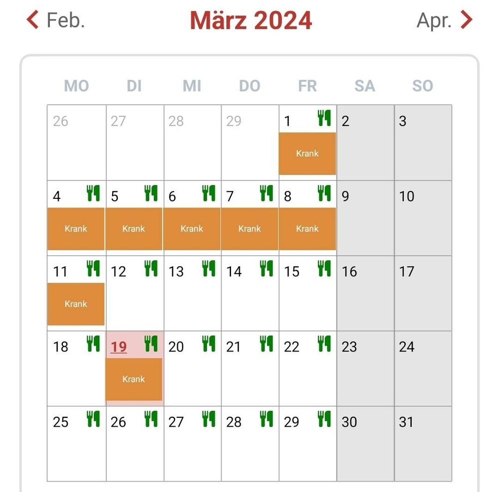 Ein Screenshot aus der kindergartenapp. Er zeigt den März als Kalenderblatt mit Einträgen "krank" von 1.-11.3. und auch heute wieder.
