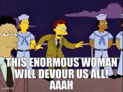 A nervous man misinterprets a comment about the Statue of Liberty and believes a giant woman is about to eat everyone present 