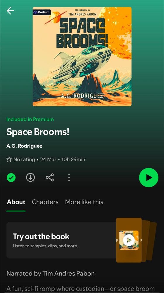A screenshot of the audiobook of SPACE BROOMS! by A.G. Rodriguez. Get it now with your premium subscription. 