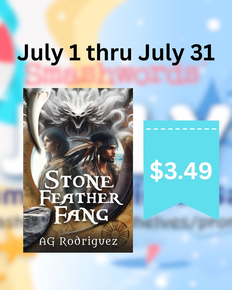My book STONE FEATHER FANG superimposed over the Smashwords ad, showing a special price of $3.49 