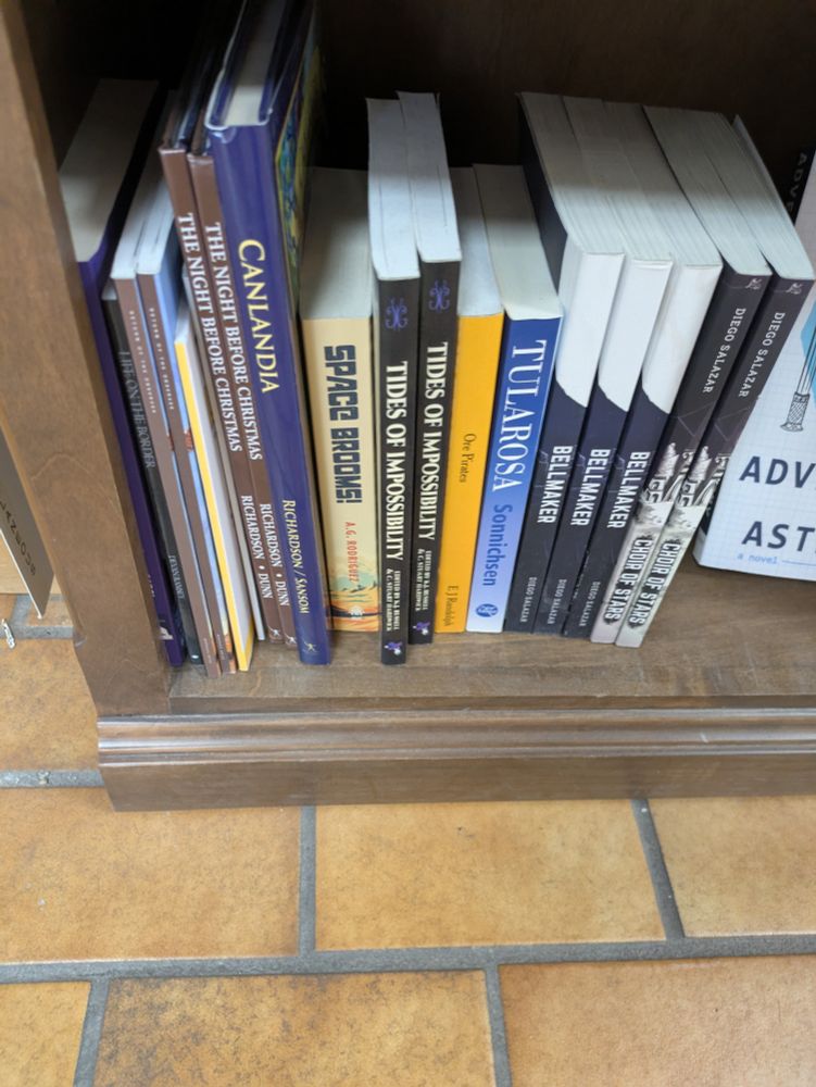 A book shelf with a row of books on it. One in particular stands out: SPACE BROOMS! by A.G. Rodriguez.