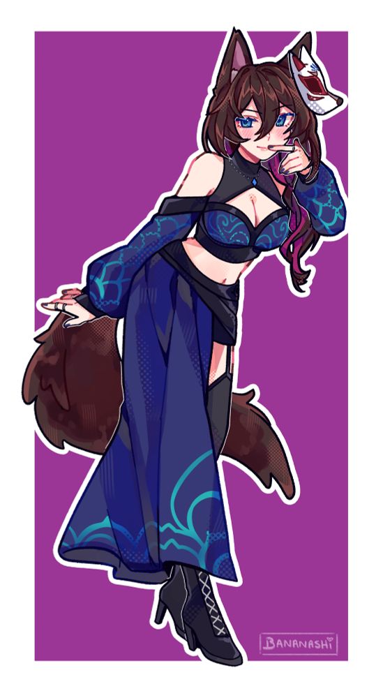 TBK avatar. Kitsune girl with dark brown hair and magenta undercolor, in a low ponytail on her left shoulder. left hand with index on mouth. lot of rings on the hands, a dark brown fox tail, a black short with long half dark blue skirt, and a top with open chest window and puffed sleeves. Her kitsune mask on the head.