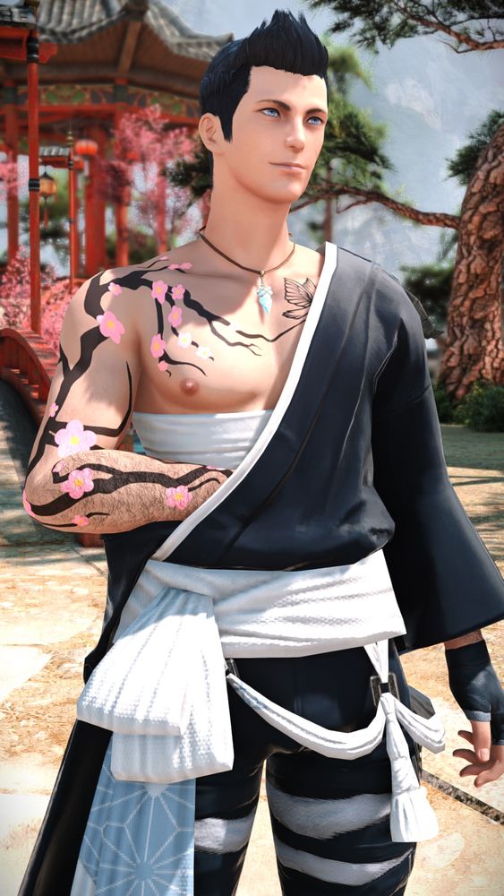 Theodis stands in the Doman Enclave wearing the Yukaku Dogi, resting one of his arms in the dogi. 