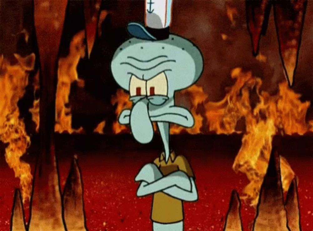 squidward from spongebob stands in front of a fire